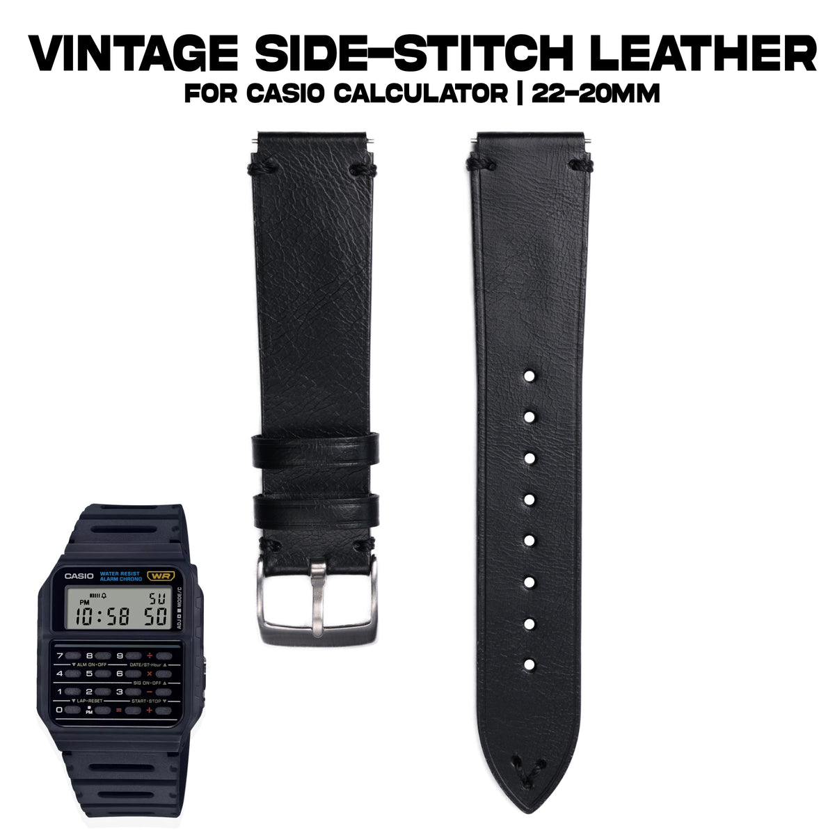 Vintage Side Stitch Leather strap for Casio Calculator | 22-20mm
