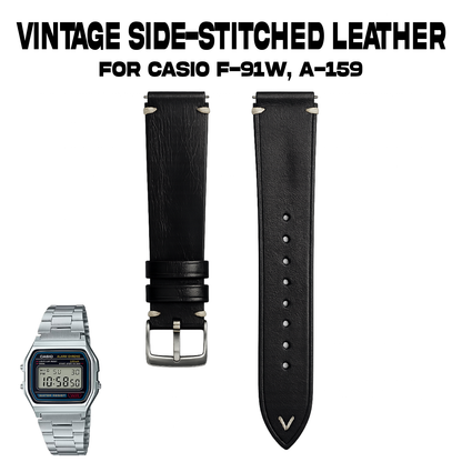 Vintage Side Stitch Leather strap for Casio F-91W, A158 | 20-18mm