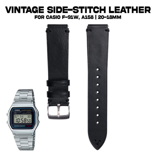 Vintage Side Stitch Leather strap for Casio F-91W, A158 | 20-18mm