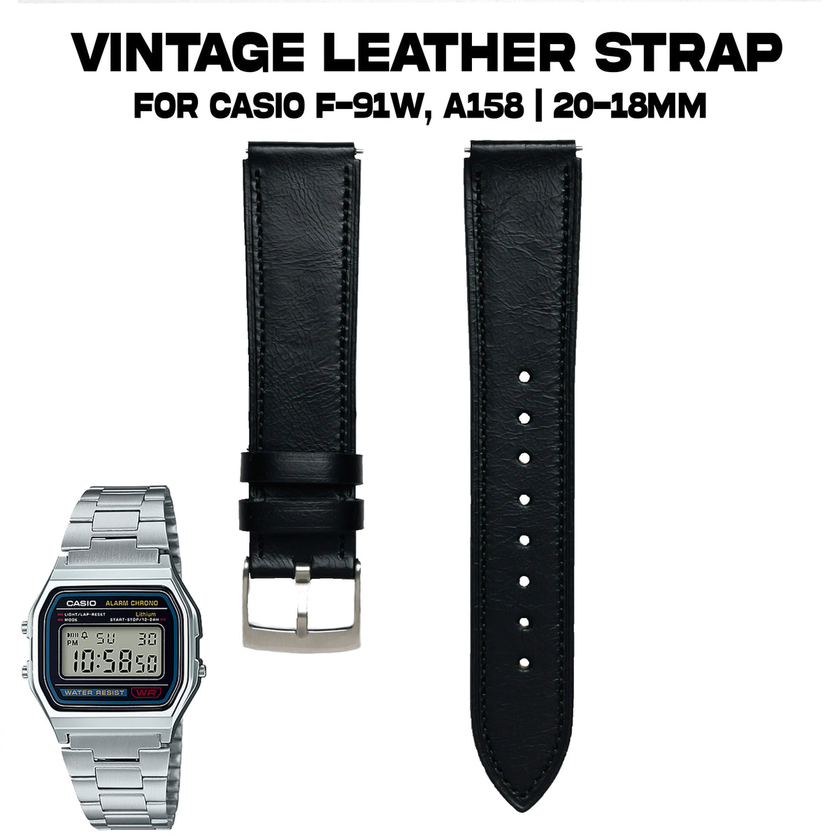 Vintage Leather strap for Casio F-91W, A158 | 20-18mm