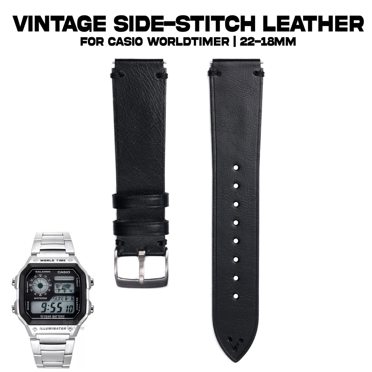 Vintage Side Stitch Leather strap for Casio Worldtimer | 22-18mm