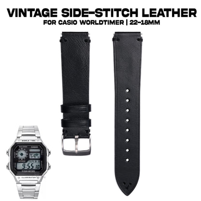 Vintage Side Stitch Leather strap for Casio Worldtimer | 22-18mm